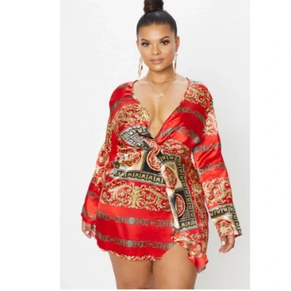 PrettyLittleThing Plus Red Printed Satin Long Sleeve Wrap Dress US Size 22